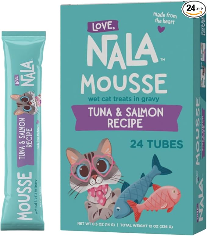 LOVE, NALA Lickable Cat Treats – Grain-Free Squeeze Up Mousse Puree for Cats – Natural, Tasty Wet Cat Treats – Tuna & Salmon Flavor – 24-Pack