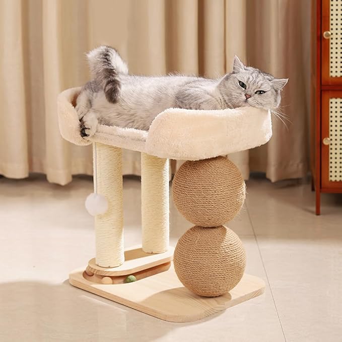 Modern Solid Wood Pet Cat Climbing Tree Tower with Sisal Ball Cooling Mat Cat Scratching Posts Wear Resist Integrated Sisal Bed Pet Climbing Frame Indoor for Summer (16.38X15.21X11.31 inch)