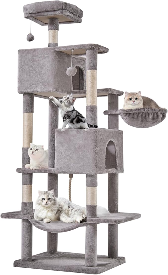 Large Cat Tree 66 Inch, Multi-Level Tall Cat Tree Tower with Condo, Perches, Sisal Scratching Posts and Hammock, Pet Play House with Dangling Balls for Indoor Cats, Light Grey