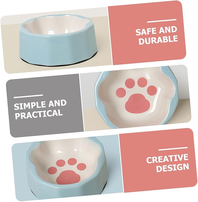 Luxshiny Tilted Ceramic Pet Bowl with Blue Animal Paw Print, Small Slanted Cat and Dog Food Dish for Indoor Feeding and Watering Supplies