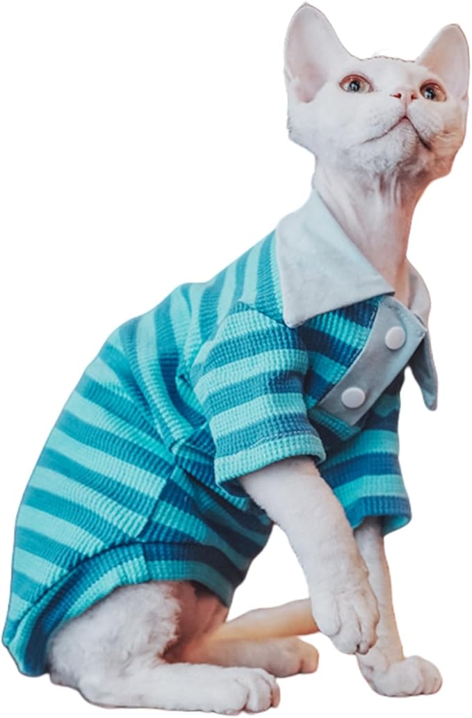 Super Soft Sphynx Cat Shirt Cotton Hairless Kitten Polo T-Shirt with Sleeves Pullover Cat Pajamas for Sphynx Cornish Rex, Devon Rex, Peterbald (Sea Blue, XL (10-12 lbs))