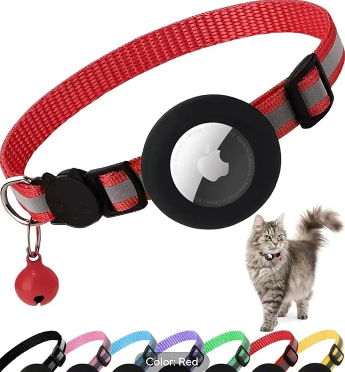 Airtag Cat Collar Reflective Kitten Collar with Apple Air Tag Holder and Bell for Girl Boy Cats Breakaway Lightweight (Red)