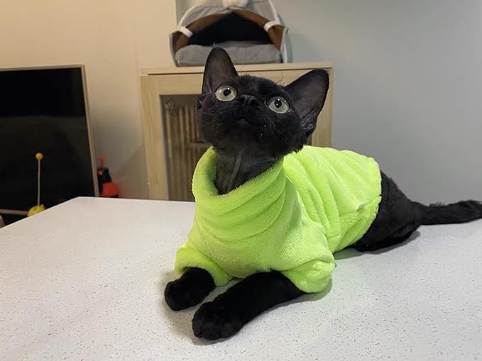 Sphynx Cat Clothes Winter Turtleneck Soft Coral Fleece Cat Clothes Thicken Warm Pajamas Coat for Hairless Cats and Small Cat Apparel with Sleeves (Fluorescent Green, XXL（12.7-16lbs）)