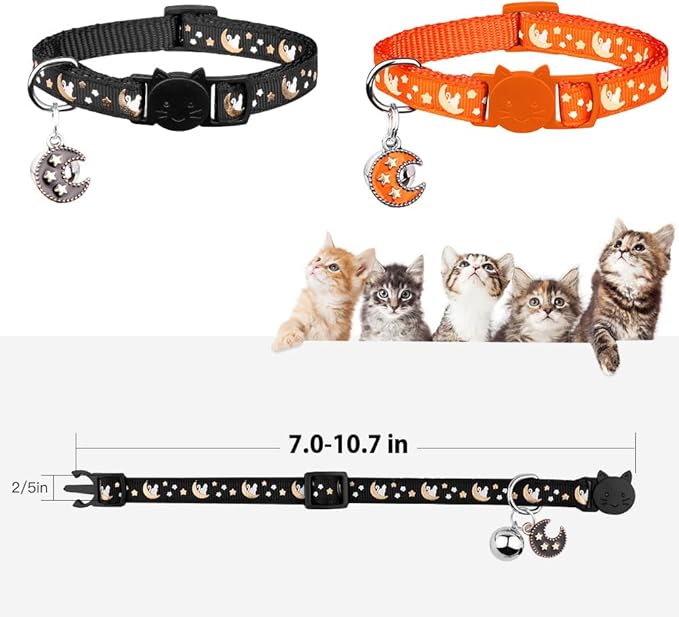 Baeuppit 2Pcs Breakaway Cats Collars Cat Collars for Boy & Girl Cats Adjustable Kitten Collars with Bell,Black+Tangerine