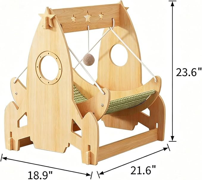 Cat Hammock Bed with Summer Linen & Winter Plush Dual Mats, Hanging Toy, Sturdy Wood Frame for Indoor Cats Small Dogs, 21.6" L x 18.9" W x 23.6" H