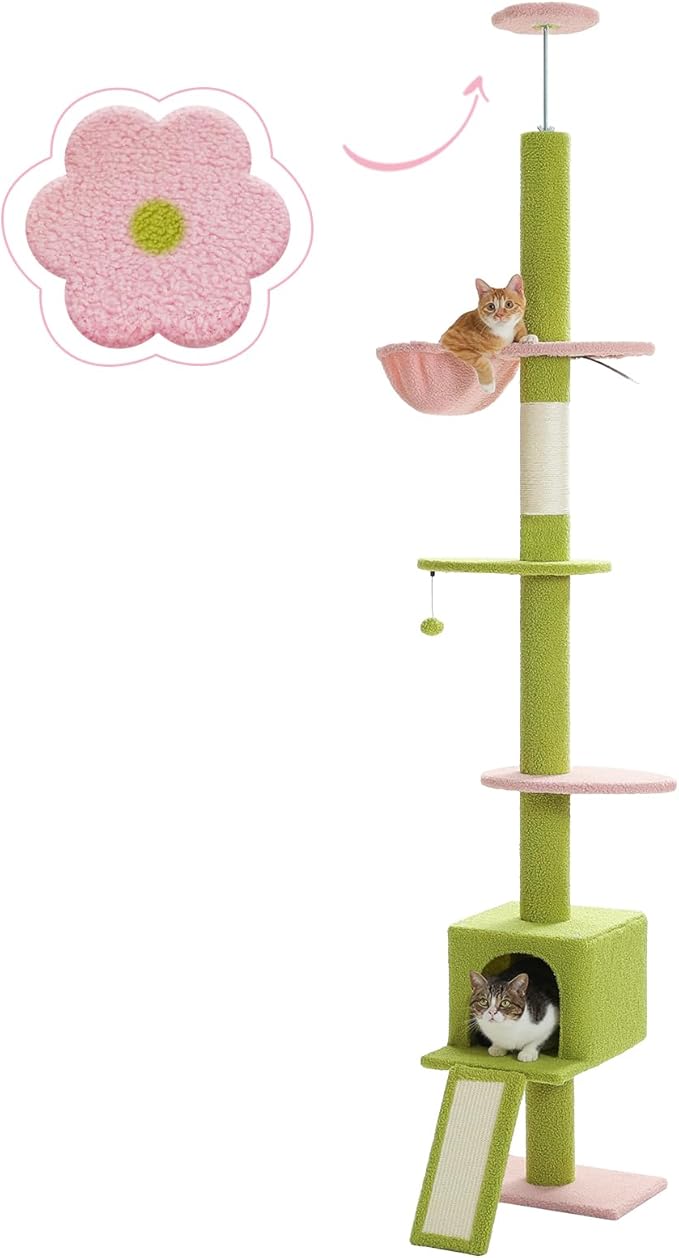 PETEPELA Floor to Ceiling Cat Tree, Cat Tower 5 Tiers Tall (83-108 Inches) Adjustable Height, Climbing Tree Featuring with Spacious Condo, Scratching Post and Perches for Indoor Cats, Pink