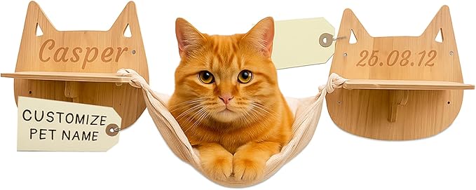 Personalized Cat Hammock Cats Face Shaped, Custom Name Hanging Hammock with 2 Cat Shelves, Wall Mounted Cat Window Perch, Cat Bed for Playing Sleeping Scratching