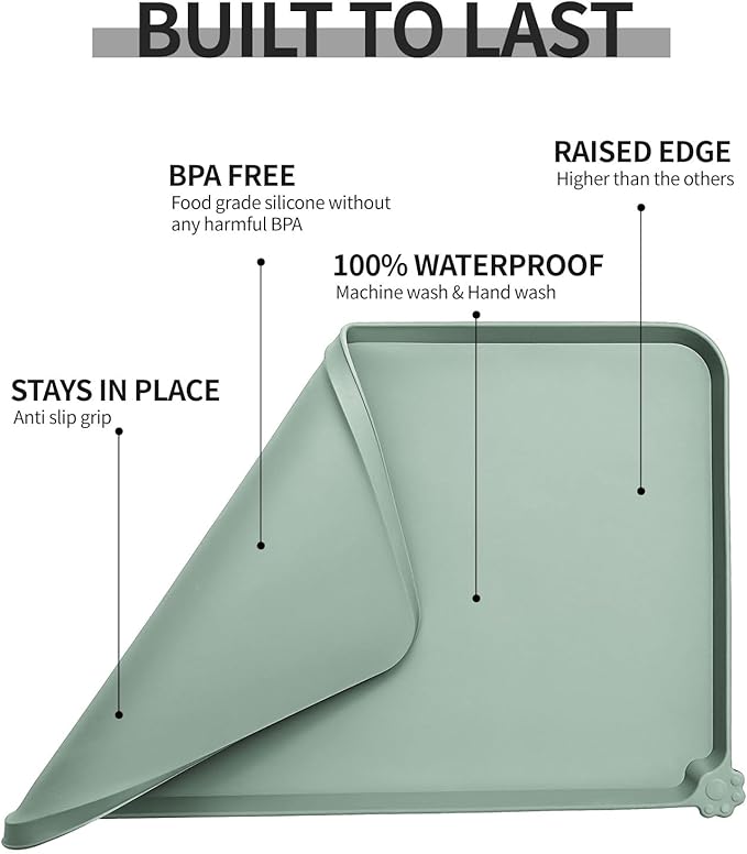 Reopet Waterproof Pet Feeding Mat, Non-Slip Silicone Placemats for Dog Cat Food and Water Bowl, High Raised Edges to Prevent Spills and Protect Floors