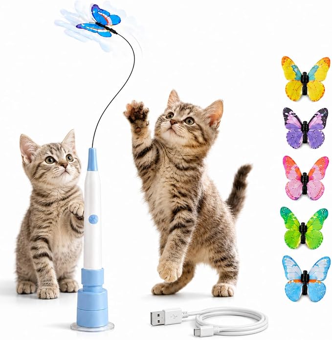 Rechargeable Butterfly Cat Toy for Indoor Cats, Electric Cat Wand with Suction Cup Base, 2 Play Modes, Self-Play & Handheld Cat Wand with 5 Cloth-Buckle Butterfly Refills, Blue