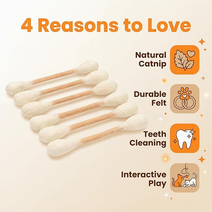 Cotton Swab Cat Toy with Catnip, 6 Pack Interactive Kicker Chew Stick for Indoor Pet Dental Play