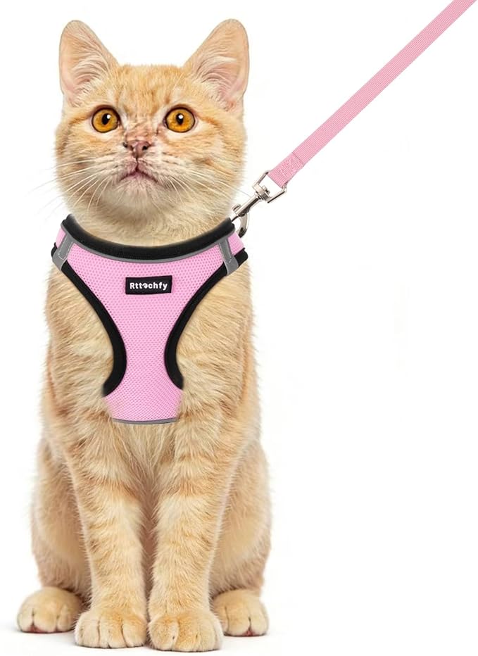 Rttochfy Cat Harness and Leash Set, Escape Proof Kitten Harness, Soft and Breathable Vest with Reflective Strip, Easy to Wear for Cats Walking and Traveling (BK Pink, XXS)