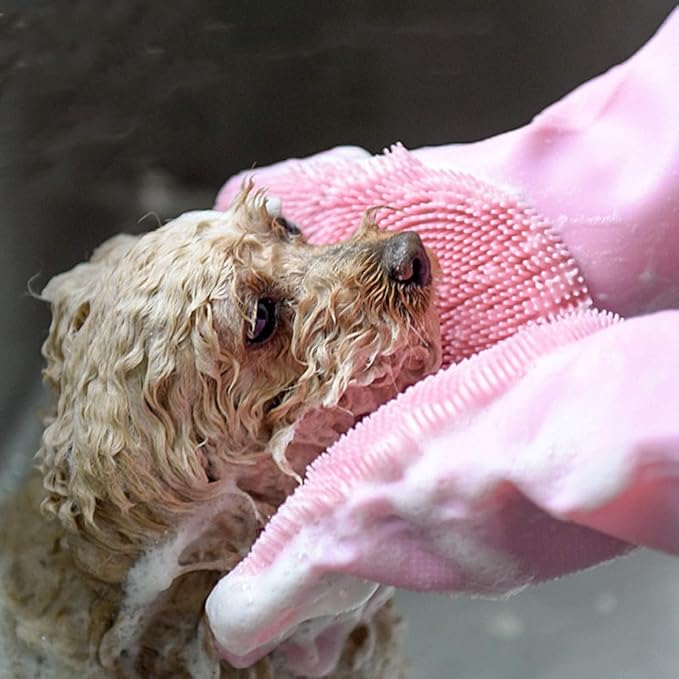 Pet Grooming Gloves Silicone Gloves with High-Density Teeth Enhanced Five Finger Design for Dogs Cats Bathing Massaging (Purple)