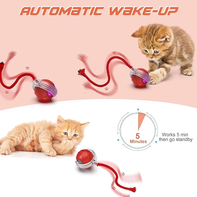 Interactive Cat Ball Toy with 3 Working Modes, Automatic 5-Minute Timer, Stimulate cat Hunting Instincts, Wand Teaser for Cats, Rechargeable, Suitable for All Floor (Red)