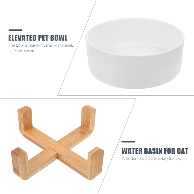 Alipis Ceramic Elevated Cat Bowl with Wood Rack, High Feet Feeder Small White Straight Edge, Raised Feeding and Watering Dish for Cats and Kittens