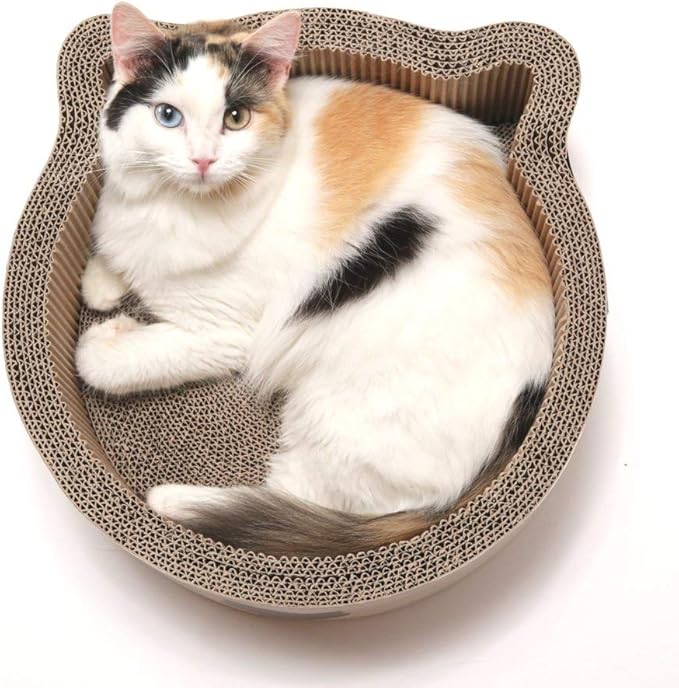 Necoichi Cat-Headed Scratcher Bed (Birch, Regular) | Cardboard Cat Scratcher Bowls for Indoor Cats - Cat Scratching Board, Cat Scratch Pad Reversible Usability and Extra Comfort for Lounge