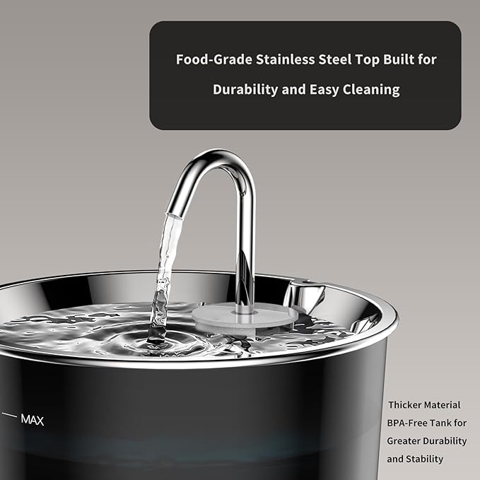Vividorama Cat Water Fountain Stainless Steel Lid, Corded 3L/101oz Pet Water Fountain, Dog Waterer with Quiet Pump and 4-Layer Filtration for Cats and Dogs