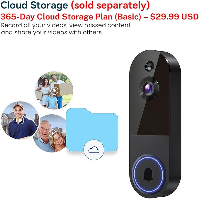 ClipBlur 1080p Wireless Wi-Fi Video Doorbell Camera with Night Vision, Outdoor Surveillance Cameras, Two Way Audio, 2.4G WiFi Only, AI Motion Detection and Cloud Storage (Sold Separately)