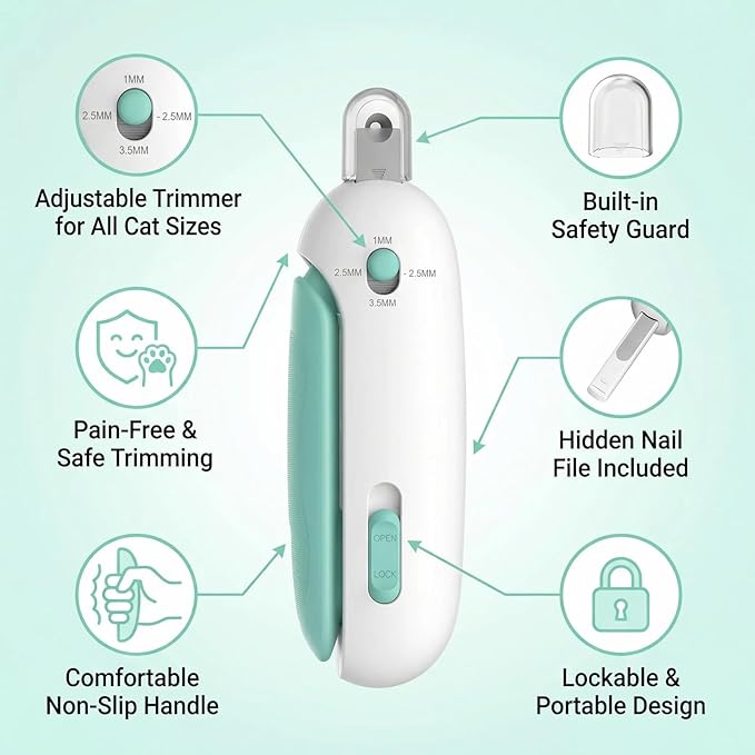 Wanheart Cat Nail Clipper with Safety Guard & Nail Catcher, Adjustable Cat Nail Trimmer with Hidden Nail File, Cat Claw Clippers for Indoor Cats Kittens Small Pets (Blue)