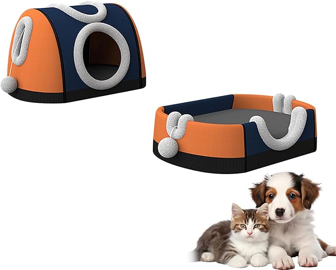 Enclosed House & Open Bed for Indoor Cats,Constant Modifiable Puss Bed with Removable Top Winter Season Double Manner Plan Revertible Pillow,Multi-Functional Pet Furniture with Scratch Pad