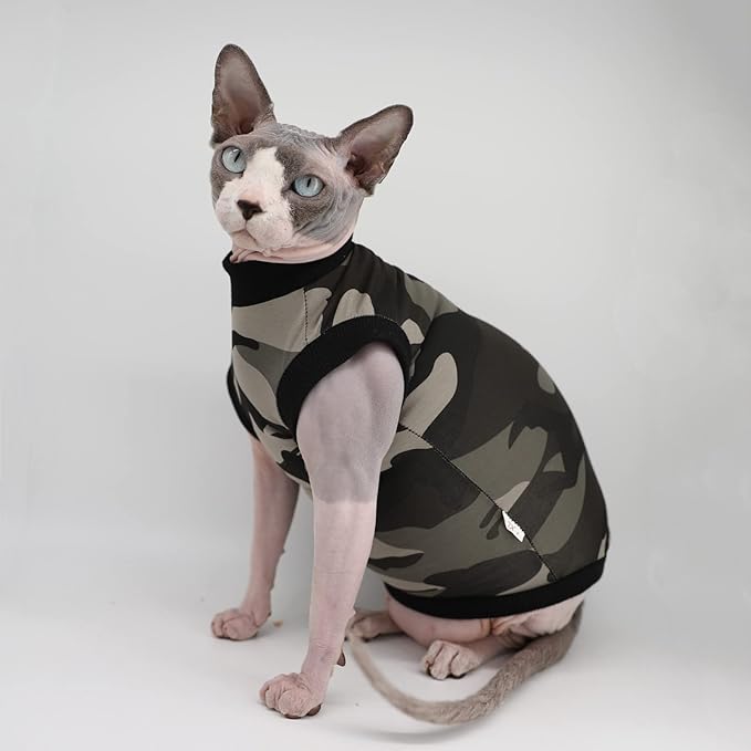 Sphynx Hairless Cat Summer Cotton T-Shirts Cat Vest Pet Clothes,Round Collar Vest Kitten Shirts Sleeveless, Cats & Small Dogs Apparel (Medium, Black Camo)