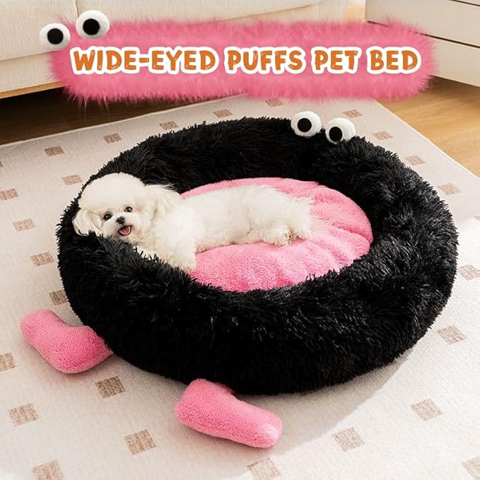 Calming Dog Cat Bed, Anti-Anxiety Donut Warming Cozy Soft Round Bed, Machine Washable, Fluffy Faux Fur Plush Cushion Bed for Small Medium Dogs and Cats 25.6 in