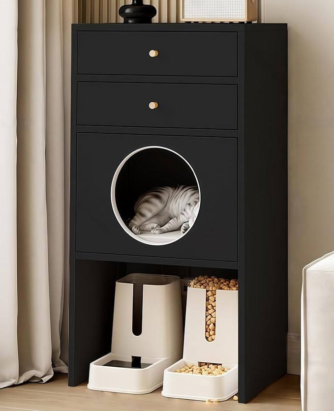 Multi-Function Cat House Furniture, Solid Wood Cat Condo with Storage Drawer, Pet Bed & Feeding Area, Compact Cat Cabinet (Black,19.6" L*15.7" W*41.3" H)