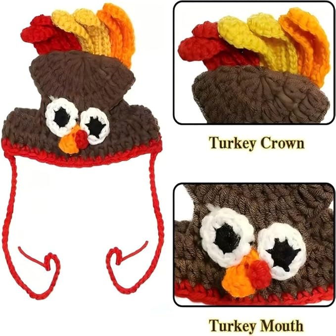 Crochet Turkey Hat for Cats & Small Dogs, Hand Knitted Thanksgiving Pet Costume, Halloween Party Photo Prop for Kittens and Puppies