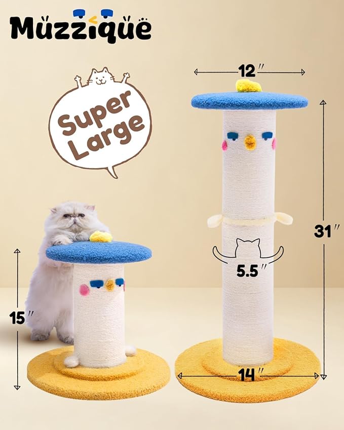 Cute Cat Scratching Post, 31 inch Very Tall Thicker Scratch Post w/Perch Bed, Full Strectch for Indoor Cats, Adult/Kitten/Kitty Sisal Rope Scratcher, Large Play Toy Stand, Adjustable Height Furniture