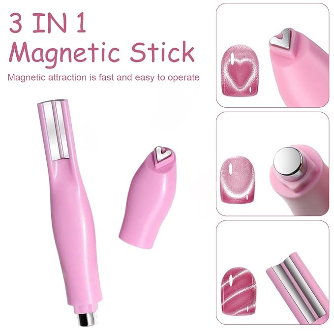 WOKOTO 2 PC Nail Magnets For Nail Art Designs Tools For Nails, 3 In 1 Cat Eye Magnets And Dual End Cylinder & Ball Magnet Pen For Cat Eye Magnetic Nails, Heart, Circle Designs Nail Polish Magnet Set