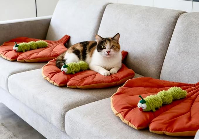 LZYDD Leaf Cozy Dual-Use Mat Cat Bed Sofa Protector with a Catnip Caterpillar Self-Play Cat Toy Set