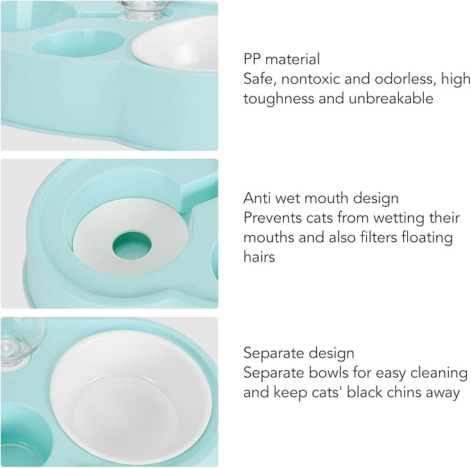 Double Pet Bowl Set, Non - Slip Stable 2-in-1 Food & Water Bowl with Automatic Water Dispenser Bottle, Feeding Station for Cats, Small Dogs and Mini Pets (Blue)