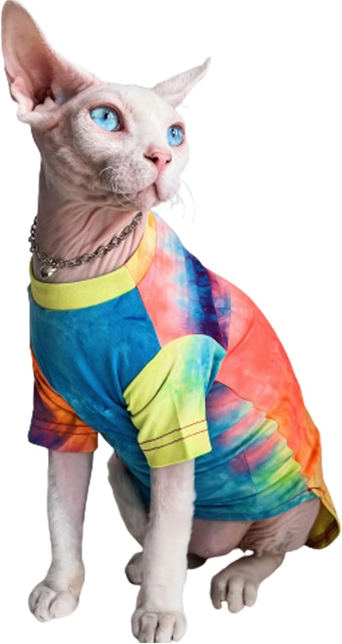 QBLEEV Sphynx Cat Clothes, Hairless Cats Rainbow Rendering T-Shirt for Spring Summer Autumn, Breathable Cat Wear Clothes Vest Shirts for Sphynx, Cornish Rex, Devon Rex, Peterbald
