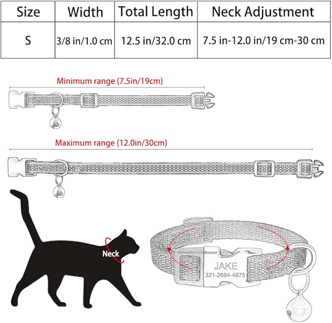 Personalized Reflective Nylon Cat Collar with Name Phone,Custom Engraved Buckle Cat Collar with Bell,Adjustable for Small Dogs Puppy Kitten (Pink,fit 7.5''-12.0'')