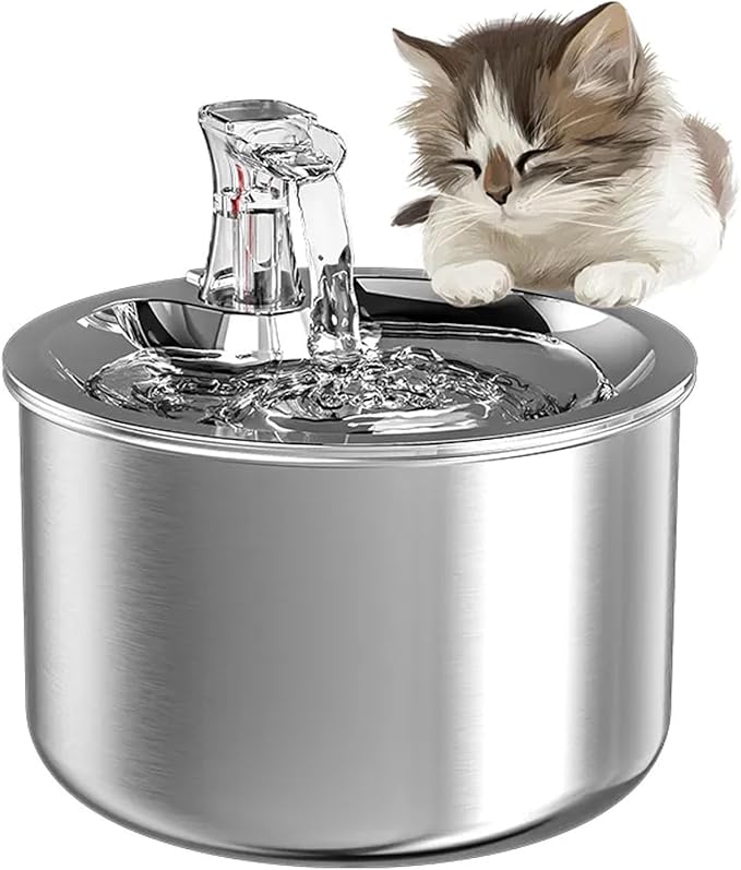 TsoLay Cat Water Fountain Stainless Steel, 2L/67oz Automatic Dog Dispenser Water Bowl with Water Level Window, Intelligent Circulating Water and Faucet Design, Suit for All Kinds of Cat