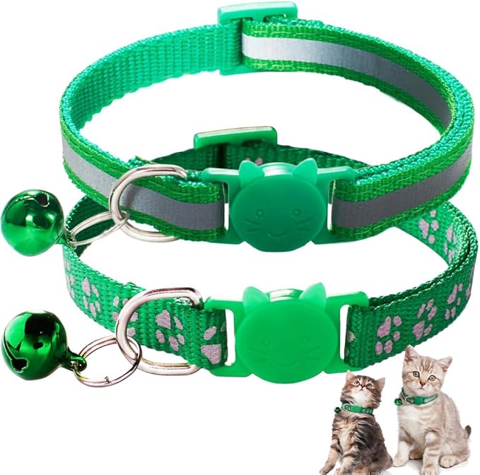Breakaway XS Kitten Collar with Bell, 2 Pack Reflective XXS Cat Collars Girl Boy Cute Soft Safety Quick Release Buckle for XSmall Extra Small Tiny Little Female Pet Green