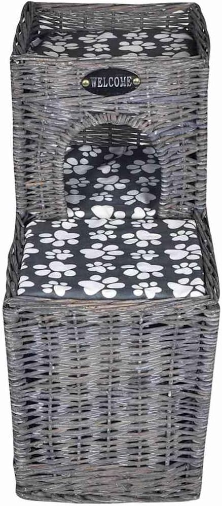 Cat House Grey Willow Pet Bed, Lightweight Synthetic Wicker Cat Tree with Soft Cushions, Indoor Outdoor Rectangular Cat Condo for Small Pets, Scratch Resistant Resting Lounge
