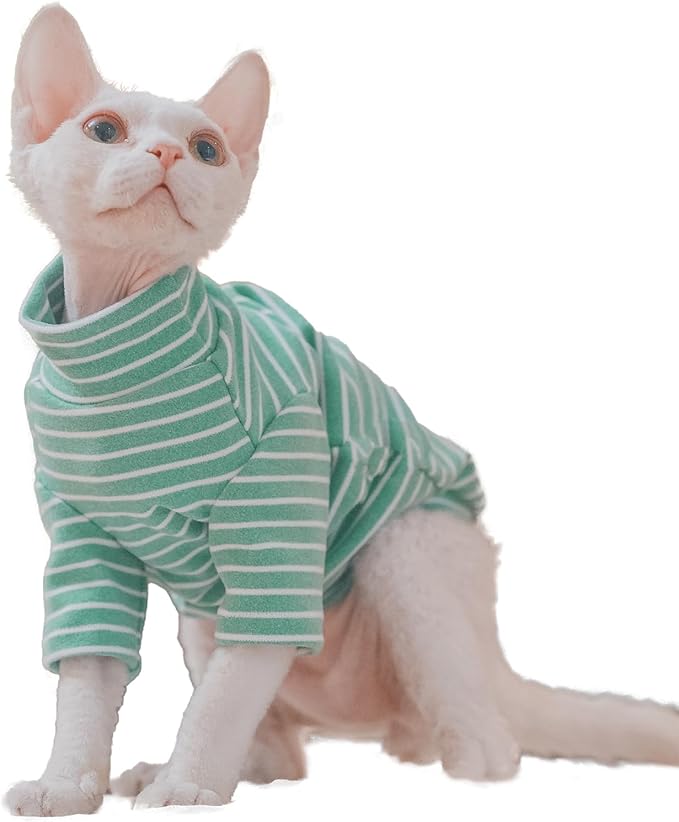 Sphynx Cats Warm Fleece Shirt Cat Turtleneck Undershirt Thermal Hairless Cat Clothes for Sphynx, Devon, Cornish Cat Clothes and Small Kitten and Dogs (Green Bold Stripe, Small)