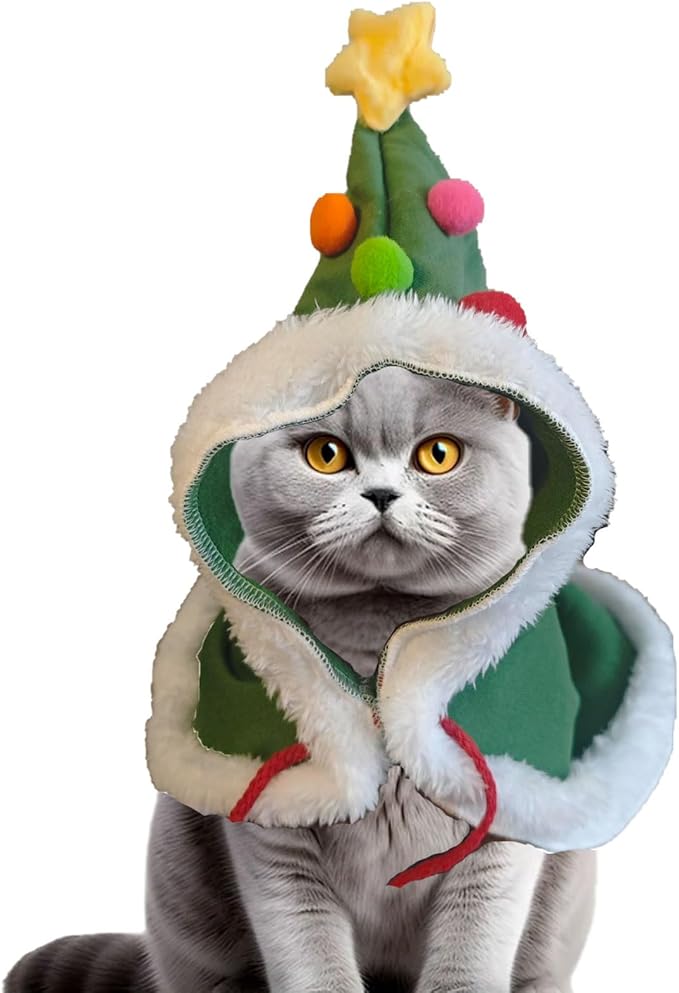 Cat Christmas Costumes Outfit Green Xmas Tree Elf Pet Cloak with Hat with Star and Pompoms Puppy Cape Clothes Party for Small Dogs Cats Pet Santa Presents,Green,Medium PC305-1-M