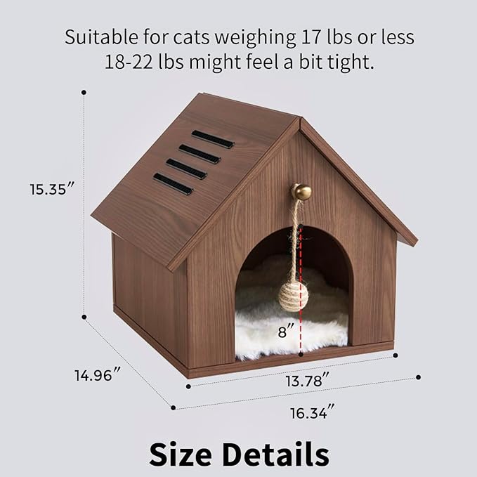 Cat House for Indoor Cats - Modern Wooden Covered Cat Cave Bed, Sturdy & Durable Cat Hideaway Hanging Ball Toy & Warm Plush Mat Included, Easy Video Assembly.