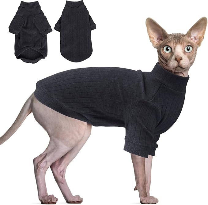 Idepet Sphynx Hairless Cats Sweater Shirt Kitten Soft Puppy Clothes Pullover Cute Cat Pajamas Jumpsuit Cotton Apparel Pet Winter Turtleneck for Cats and Teacup Chihuahua Small Dogs(Black,XL)