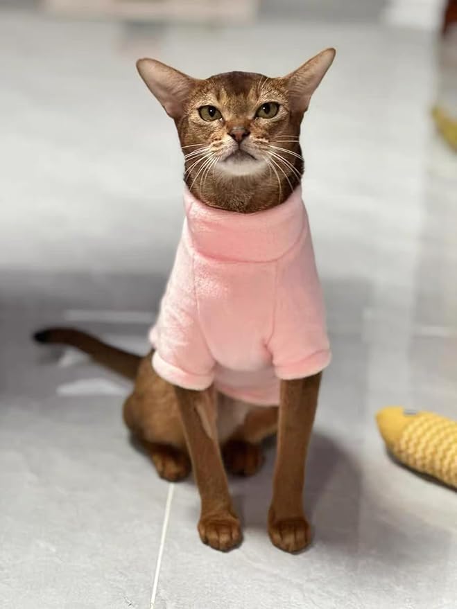 Sphynx Cat Clothes Winter Turtleneck Soft Coral Fleece Cat Clothes Thicken Warm Pajamas Coat for Hairless Cats and Small Cat Apparel with Sleeves (Light Pink, L (6-9.3lbs)