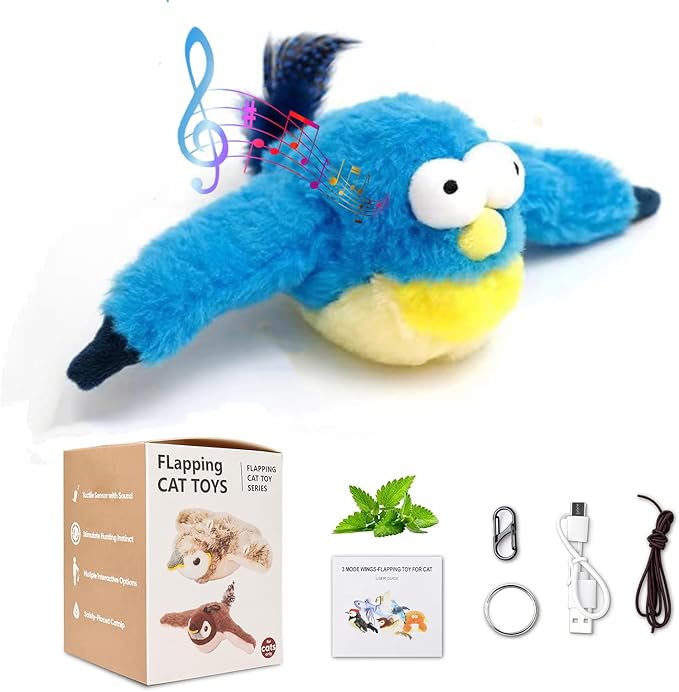 Interactive Chirping Bird Cat Toys with Flapping Wings,New Flying Birds Cats Toy, Flying Simulation Electric Sparrow Shaking Hunting Pet Toy for Indoor (Blue)