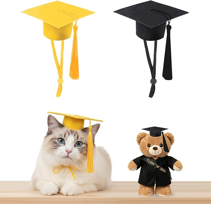 Mini Graduation Caps with Tassel, 2 Pack Gold and Black Mini Graduation Caps, Small Animal Bachelor Hats for Adjustable Pet Graduation Photo Props Cat Dog Holiday Costume Accessories