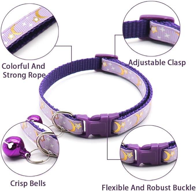 5 PCS Adjustable Moons and Stars Kitten Collars with Bell, Perfect for Pet Supplies, Safety Buckle (5 Colors)
