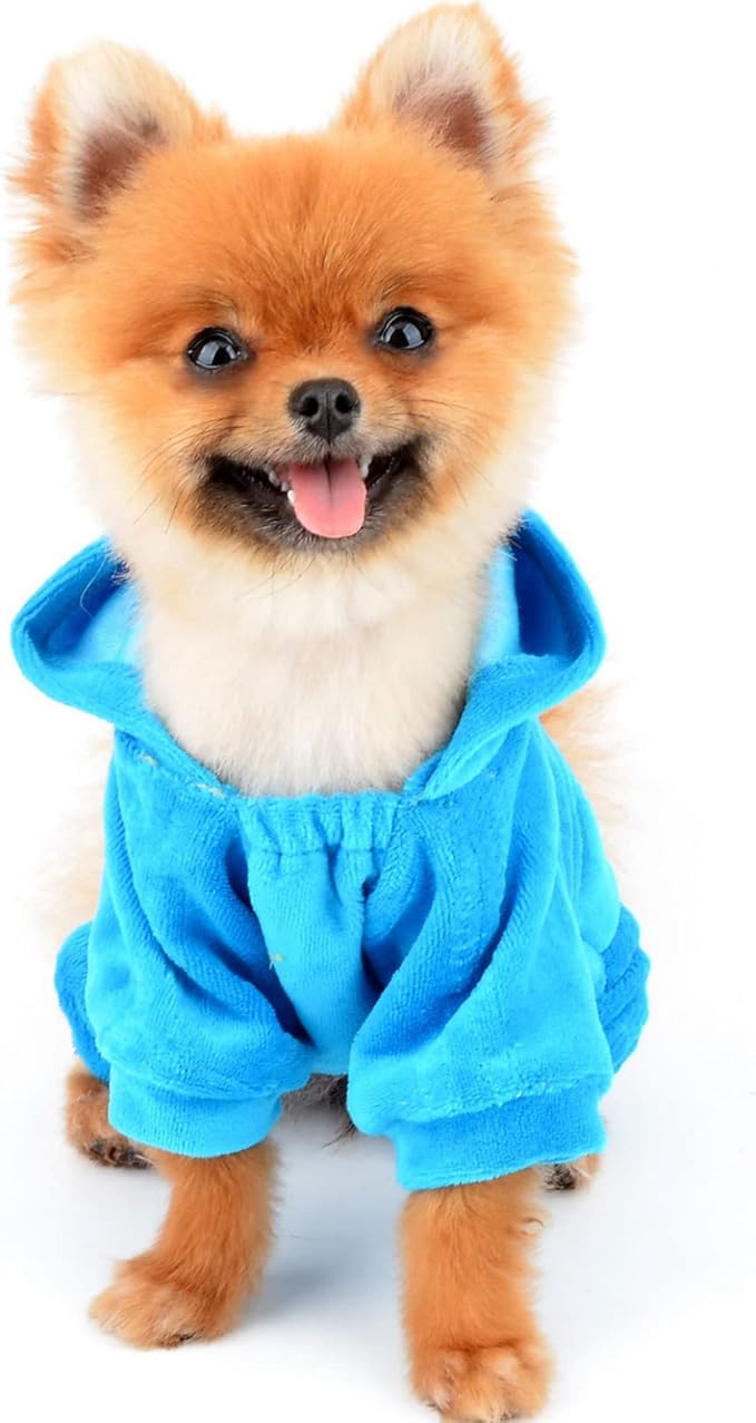 Dog Jumpsuit Hoodie Sweatshirt Dog Fleece Sweater Coat Small Pet Clothes Rhinestone Crown Blue M