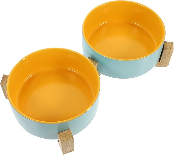 Toddmomy Ceramic Elevated Cat Bowls Dual-Color Matte Finish Blue-Yellow Bowls Wooden Stand Indoor Cat Feeding Watering