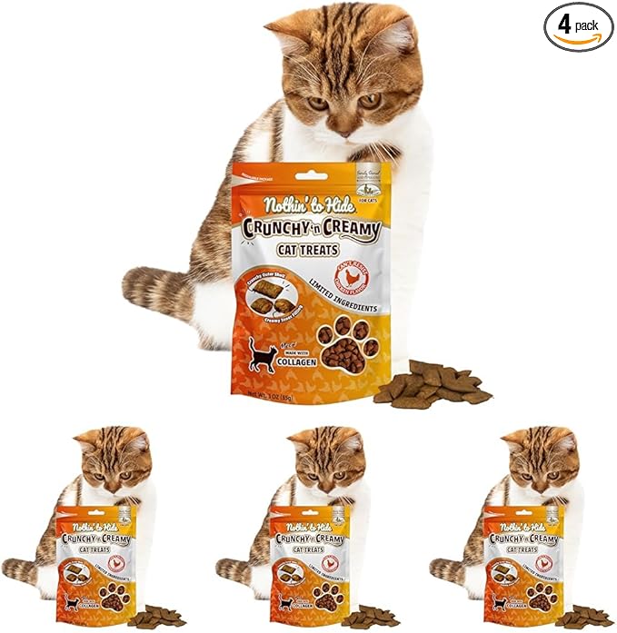 Fieldcrest Farms Nothin’ to Hide Collagen Cat Treats – Chicken Flavor Crunchy & Creamy Cat Snacks, High-Protein Treats for Healthy Skin, Coat & Joints, 3 oz Bag (Pack of 4)