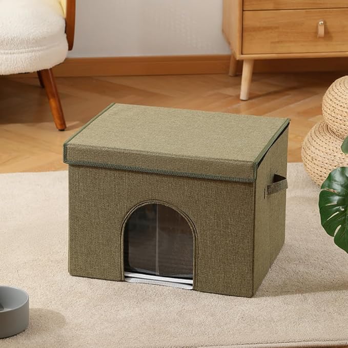 Large Collapsible Coconut Brown Pet House for Indoor Cats and Medium/Small Dogs with Plush Ball Toy – Foldable Living Room Ottoman Cat Condo(Green)