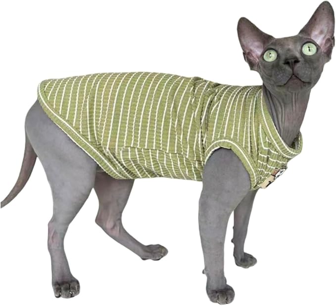 Sphynx Cat Clothes Vest for Hairless Cat, Rib Knit Stripe Cats T-Shirt Apparel, Kitten Summer Cotton Shirts Sleeveless for Cornish Rex, Devon Rex, Peterbald (Green, XL (10-14 lbs))