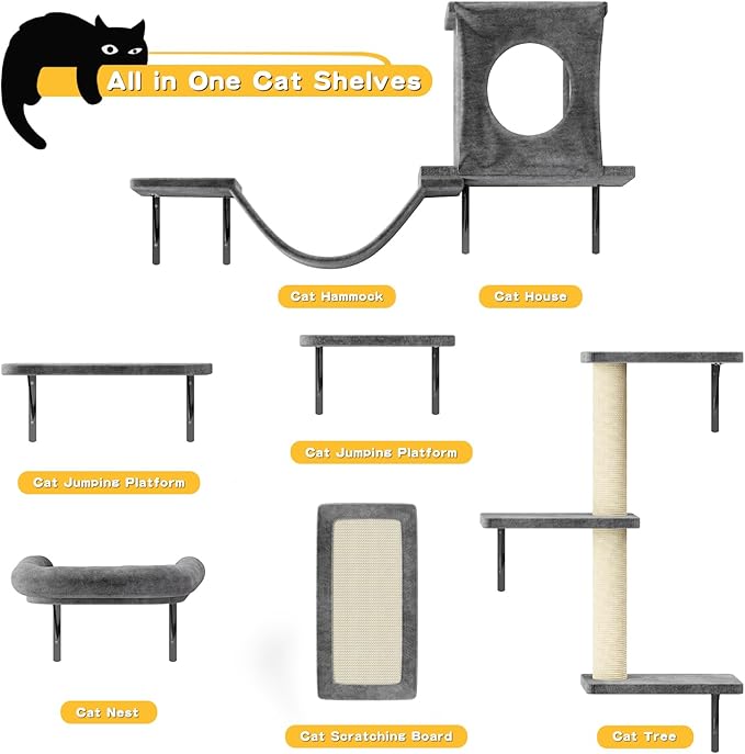 NUNU LAB Cat Wall Shelves, 6 Pcs Luxury Wall-Mounted Cat Climber Set, Indoor Cat Furniture with 1 Condos House, 2 Cat Wall Shelves, 1 Scratching, 1 Bridge Ladder, 1 Scratching Pad,Dark Gray